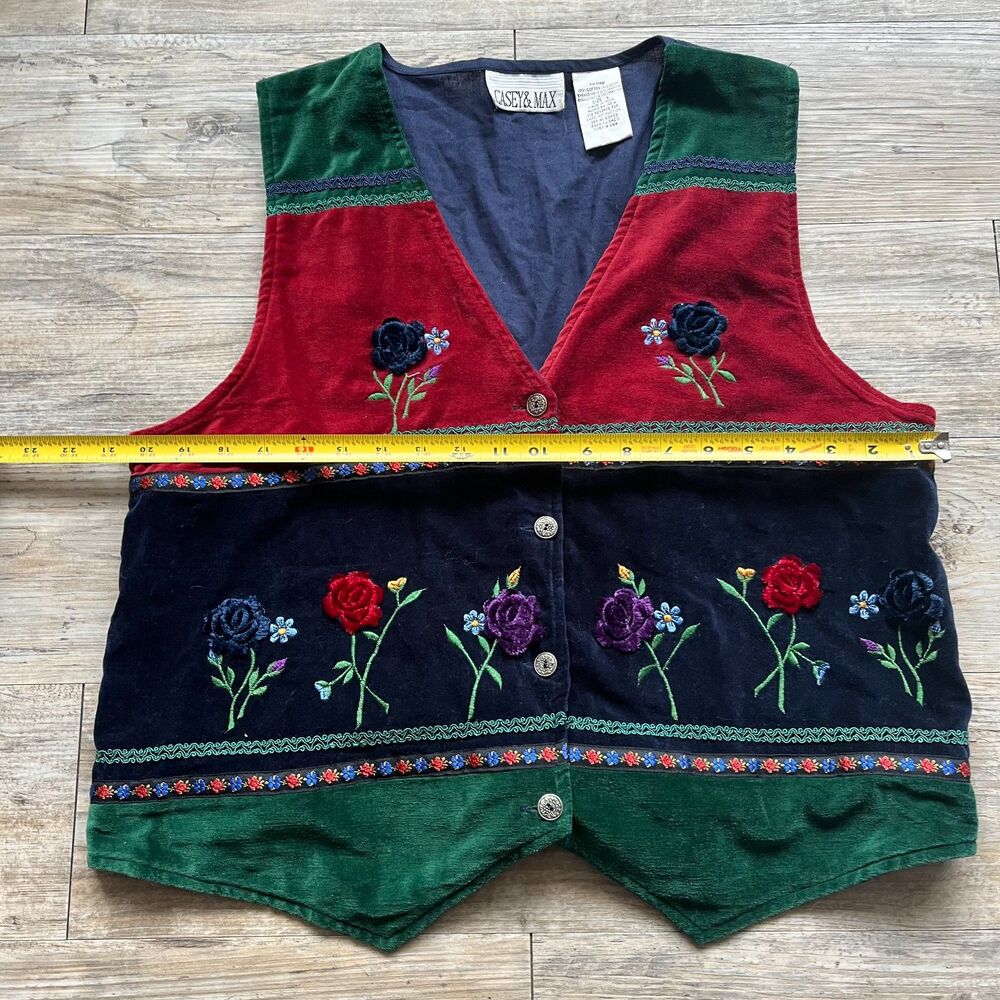 Vintage Vest Embroidered Women's Large Casey & Max Floral Velvet Unique 90s - Picture 6 of 7